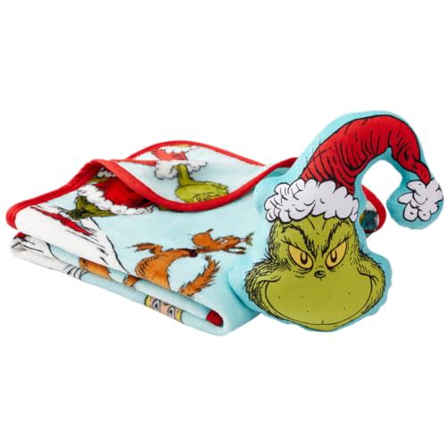 Franco Bedding Christmas Holiday Super Soft Plush Cuddle Buddy, One Size, Grinch Throw + Pillow Set-Whoville