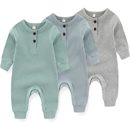 IADOER Newborn Baby Boys Girls One Piece Romper With Mitten Cuffs 3 Pack Long Sleeve Ribbed Button Jumpsuit Outfit Clothes