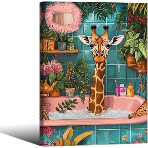 Funny Bathroom Wall Art Colorful Giraffe Posters Tropical Jungle Wild Animal Bathtub Canvas Prints 12x16inch Framed for Toilet Restroom Bathroom Home Decor