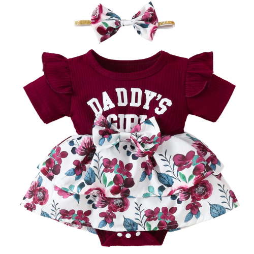 Newborn Baby Girls Outfits Set Short Sleeve Daddy Mama Flower Romper Dress with Headband Clothes