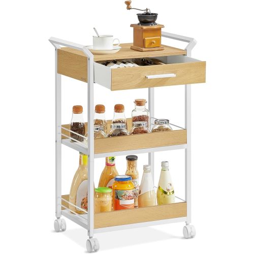 VASAGLE Storage Cart, 3-Tier Rolling Utility Cart with Table Top, Handles, 4 Lockable Casters, Top Drawer, Mesh Shelves, for Kitchen, Bathroom, Bedroom, Golden Oak and Cloud White ULRC048N01