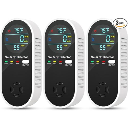 NICGOL Upgraded Natural Gas Leak Detector & Carbon Monoxide Detectors - 4 in 1 Natural, Propane, Co and Gas Detector -Carbon Monoxide Detectors Plug in -Temperature & Humidity for Home, RV (3 Packs)