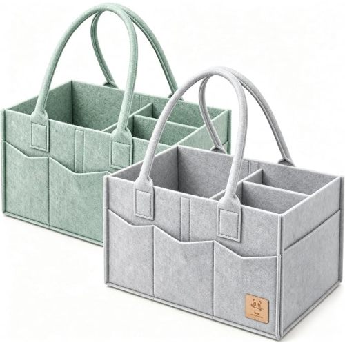 HIPHOP PANDA 2-Pack Diaper Caddy Organizer - Newborn Essentials Baby Registry Must Haves - Sturdy Nursery Storage Bin & Portable Car Caddy for Diapers & Wipes - Grey/Oatmeal Gift Set