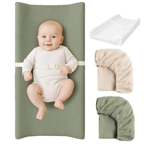 Konssy Muslin Changing Pad with Waterproof Lining Foam, Includes 100% Cotton Cover 2 Pack, Baby Diaper Changing Pad for Dresser or Table, 32x16 inches (Fog Green,Cream)