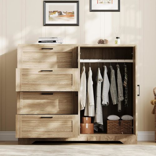 Garvee 43.3in H Armoire Wardrobe Closet with 4 Drawers and 2 Doors Hanging Rod Multifunctional Wooden Dresser with Storage Closet Bathroom Cabinet for Bedroom Natural Oak
