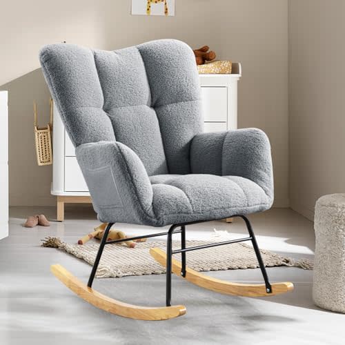 SoarMote Nursery Rocking Chair Teddy Upholstered Padded Seat Rocking Chair High Backrest Glider Accent Chair for Bedroom Office Living Room (Grey)