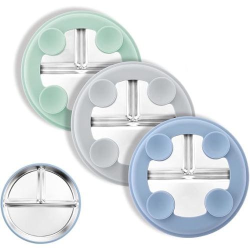 Bakpoco 8" Stainless Steel Toddler Plates with Suction, Divided Plates with Removable Silicone Sleeves for Baby, Non Toxic & BPA Free |Unbreakable |Dishwasher Safe Dinnerware Set of 3, Blue Gray Sage
