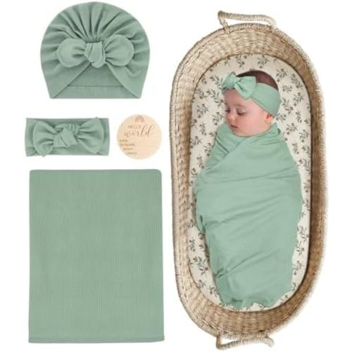Stretchy Baby Swaddle Blanket and Headband Set, Newborn Receiving Blankets with Matching Hat for Nursery Swaddle Wrap