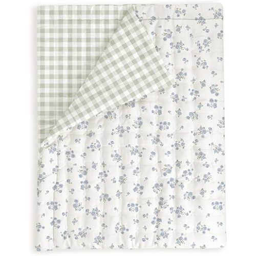 MakeMake Organics Organic Baby Comforter GOTS Certified Organic Kids Blanket Cotton Infill Tufted - Reversible Ultra Soft Breathable Boys Girls (30"x40", Mini Roses + Weaves)