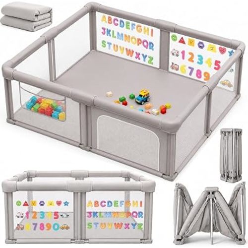 Foldable Baby Playpen 71 x 59 in with Mat, Large Baby Playard Grey