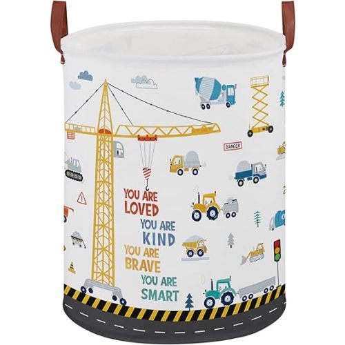 Construction Decor for Boys Room Laundry Basket,Trucks Toddler Laundry Hamper, Car Excavators Baby Dirty Clothes Basket,Toy Organizer Bin (Yellow Construction)