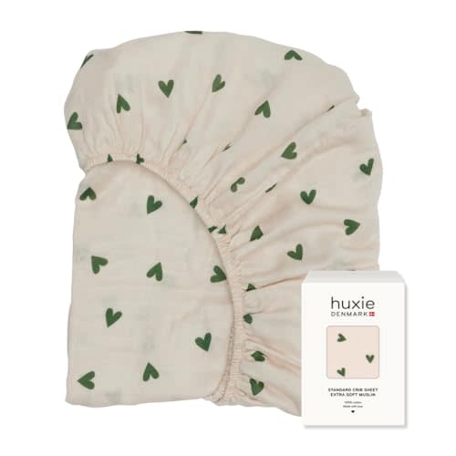 Crib Sheets – Organic Cotton Muslin Fitted Crib Sheet – Standard Size for Baby Boy and Baby Girl 28" x 52" Ultra-Soft and Breathable. (Green Hearts)