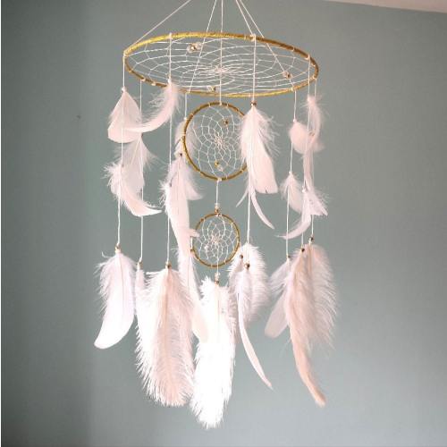 Large Dreamcatcher baby mobile gold white, boho mobile nursery, feathers crib mobile, boho baby shower girls boys