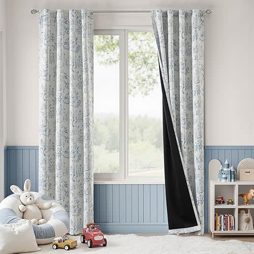 jinchan Blackout Nursery Curtains 84 Inches Long, Bunny Woodland Toile Curtains Blue on Beige Animal Printed Drapes for Bedroom Rod Pocket Thermal Insulated Farmhouse Window Treatment 2 Panels
