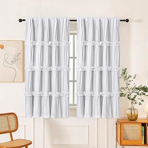 Thermal Insulated Blackout Window Curtains, 42" W x 63" L (Pair), Boho Ruched Window Treatments with 3 Rows of Butterfly Flowers, Rustic Rod Pocket Drapes for Room, White (LQ-30)
