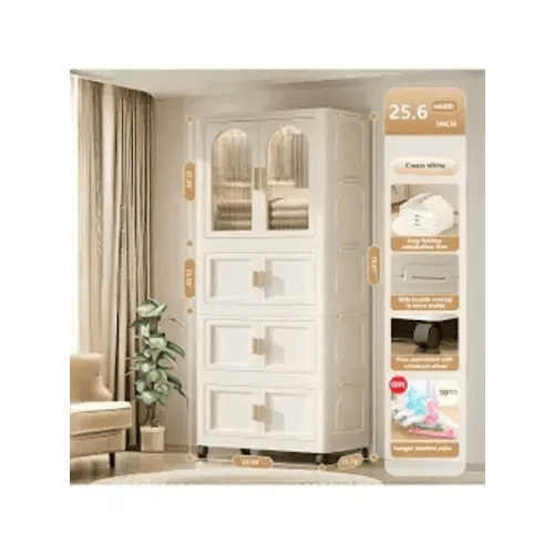 WHITE BABY WARDROBE STORAGE BOX, 25. 59 INCHES * 15. 75 INCHES * 70. 87 INCHES, WITH STORAGE COMPARTMENTS AND HANGING RODS, PORTABLE MAGNETIC DOOR STORAGE CABINET, DRAWER STORAGE CABINET, SUITABLE FOR BABY ROOM, WITH ROLLERS (ONE LAYER OF WARDROBE THREE L