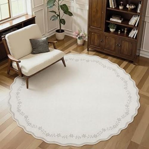 GarveeHome Round Area Rugs 8ft for Living Room, Large Solid Beige Washable Circle Rug Soft Non Slip Floral Print Floor Mat Carpet Indoor Thin Rug for Bedroom Dining Room Playroom Nursery