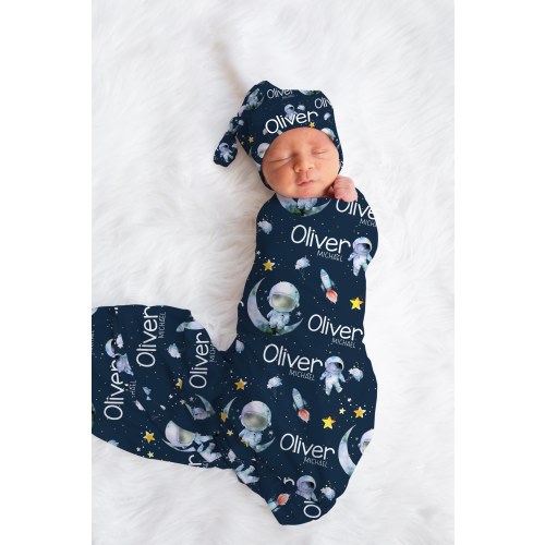 Boy Astronaut Outer Space Swaddle Blanket, Personalized Galaxy Baby Blanket, Newborn Swaddle, New Baby Gift, Rocket Astronaut Swaddle T67