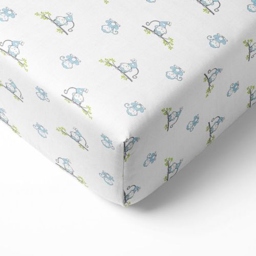 Bacati - Happy Monkeys Blue Muslin 100 Percent Cotton Universal Baby Us Standard Crib Or Toddler Bed Fitted Sheet