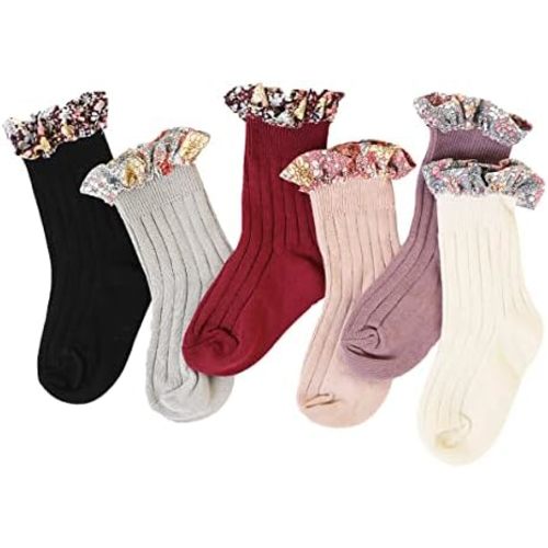 Baby Girls Vintage Ankle Lace Socks Toddler Ruffles Casual Floral Stripe Socks 6 Pack