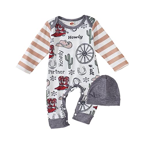 BOUTIKOME Infant Baby Boy Outfit Retro Cowboy Partner Howdy Graphic Rompers Newborn Onesie Jumpsuit Hat 2Pcs Set