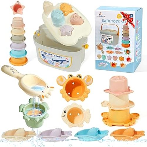 Mold Free Bath Toys for Babies 6-12 Months, 21PCS Baby Bath Toys for Kids Ages 1-3 with Shape Sorter and Educational Stacking Cups, Montessori Bathtub Shower Water Toy for Toddler 2-4 with Storage Bin