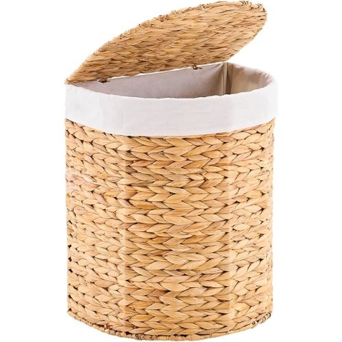 Water Hyacinth Laundry Hamper with lid, Half Moon Shape with 2 Removable Cloth Bags, Handwoven Boho Wicker Basket for Laundry Organization, Natural