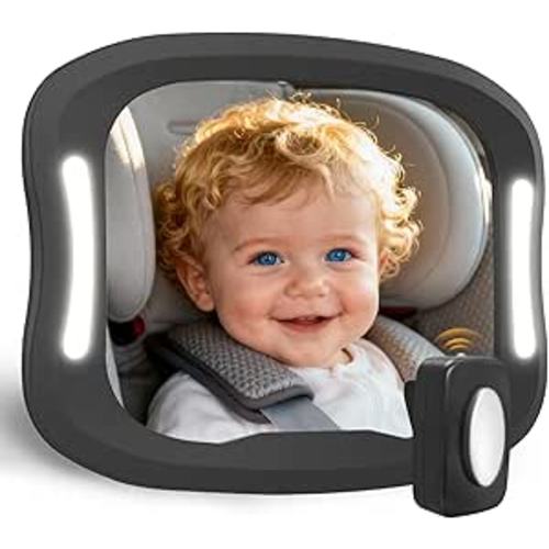 Plantureco Baby Car Mirror with LED Light & Remote Control - Night Vision Rear Facing Car Seat Mirror, Adjustable Shatterproof Safety Mirrors for Backseat Infant, Universal Fit for Cars, SUVs (Black)