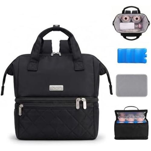 Nuliie Wearable Breast Pump Bag with Cooler Compartment, Double Layer Pumping Bag with Ice Pack, Breast Milk Cooler Travel Bag with Waterproof Mat, Fits 6 Baby Bottles up to 10 oz, Black