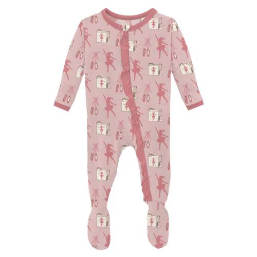 Print Layette Ruffle Footie with 2 Way Zipper in Baby Rose Ballet Dancers