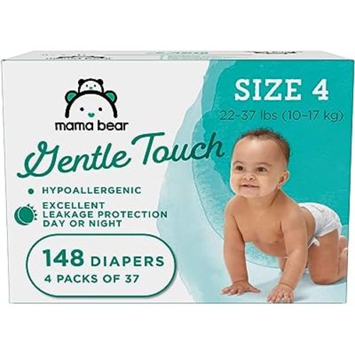 Amazon Brand - Mama Bear Gentle Touch Diapers, Hypoallergenic, Size 4, White, 148 Count, 4 Packs of 37