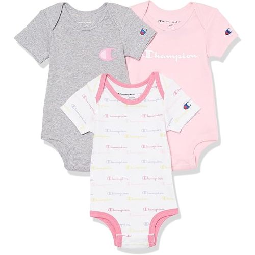 Champion 3-Pack Short Sleeve Baby Bodysuit, Gender Neutral Baby Clothes Infant Clothing, Multiple Colors/0-6M