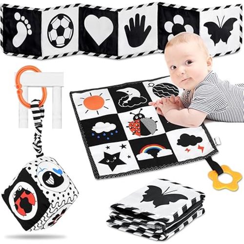 SAMMAS 3 Pcs Black and White High Contrast Baby Toys 0-6 Months for Newborn, Babies Sensory Soft Book for Early Education, Infant Tummy Time Cloth Book, Montessori Toys for Babies