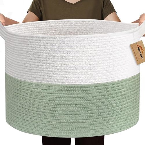 Extra Large Blanket Basket, 22" X 22" X 14" Kids Dog Toy Storage Bin Box, Nursery Baby Toddler Toy Organizer, Soft Cotton Rope Woven Bin, Large Basket for Blankets for Living Room, Green
