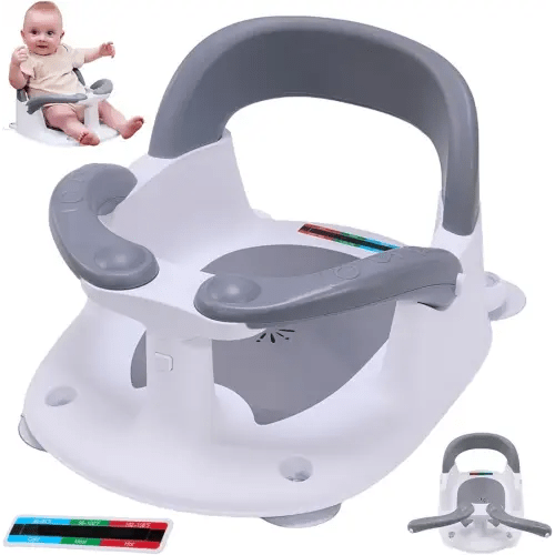 Baby Bath Seat for Babies 6 Months & Up Sitting Up,Infant Bath Seat with Temperature Alert+Open Backrest+on/Off Armrest,Toddler Bath seat Baby Bath Chair for Bathtub,Tub,Sink Grey