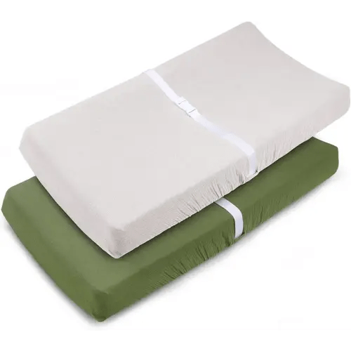 Muslin Changing Pad Cover for Baby Girls Boys-2 Pack 17"x 33" Cotton Soft Diaper Changing Pad Cover-Breathable Changing Pad Sheets-Neutral Boho Baby Showers Gift-Olive Green & Beige