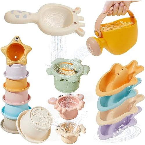 Bath Toys for Kids Ages 1-3, 16PCS | Easy-Clean & Mold Free Bath Toys for Babies with Stacking Cups | Watering Can, Bath Boats & Spoon with Storage Bag, Bathtub Water Sand Pool Toys for Toddler Gifts