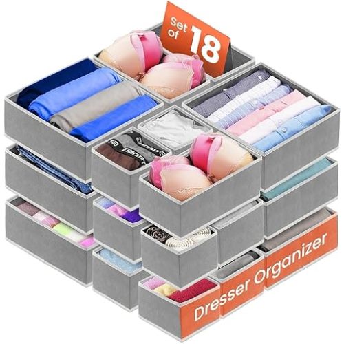 RFAQK 18 Pack Drawer Organizer for Clothing-Dresser Drawer Organizer for Nursery, Baby Drawer Organizer-Foldable Fabric Drawer Dividers for Bedroom, Organzier Bins for Bra,Sock,Belt,Tie,Shirt (Grey)