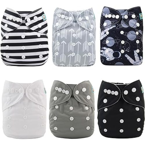 ALVABABY Baby Cloth Diapers 6 Pack + 12 Inserts One Size Adjustable Washable Reusable for Baby Girls and Boys 6DM08-DA