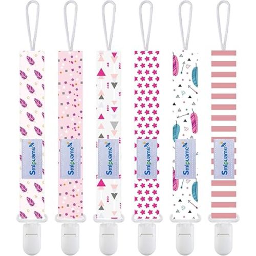 Smlpuame Pacifier Clip Girl,6 Pack Stylish Binky Clips Strap for Baby Girls,Paci Holder with Clip Lightweight Universal Fits Most Pacifiers Teether Toy Teething Ring Soothie,Baby Gifts(Pink)