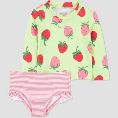 Carter's Just One You®️ Baby Girls' Long Sleeve Strawberry Printed Rash Guard Set - Light Green/Pink, Size: 6M