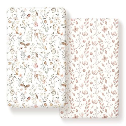 GRSSDER Stretch Ultra Soft Jersey Knit Fitted Crib Sheets Set 2 Pack，Fit All Standard Crib Mattress Pads Safe and Snug, Crib Fitted Sheet for Girls, Beautiful Blush Pink Floral and Cute Animals Print