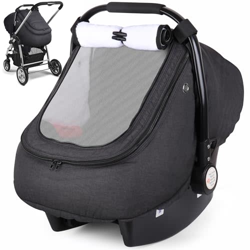 Rquite Car Seat Cover Baby, Carseat Covers Boy Girl, 2 Layers Window -Breathable Mesh & Wind/Sun Shade, Infant Car Seat Canopy Baby Carrier/Stroller Cover, Fit Spring, Fall, Winter, Cold Weather