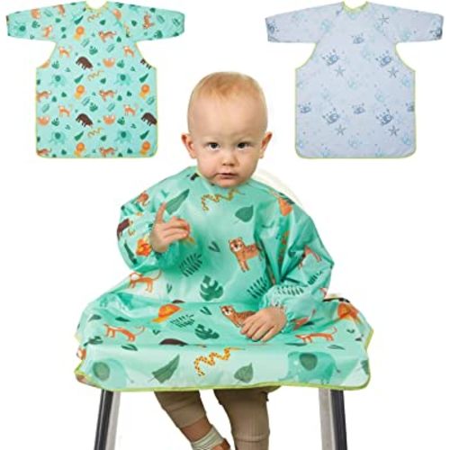 Lictin Coverall Baby Feeding Bibs - 2-Pack Long Sleeve Baby Bibs for Eating, Waterproof Bib Attaches and Fully Cover to Baby Highchair and Table, Adjustable Weaning Bibs, High Chair Food Catcher