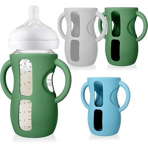 Juome Silicone Sleeves with Handles for Avent Natural Glass Baby Bottle - 3 Pack Anti Breakage Holder for Phillips Avent Baby Bottles, Compatible with Philips Avent Anti Colic Baby Bottles 8 oz