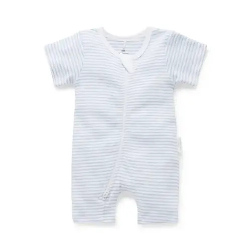 Purebaby Short Sleeve Zip Growsuit Blue Melange Stripe | Baby Bunting AU