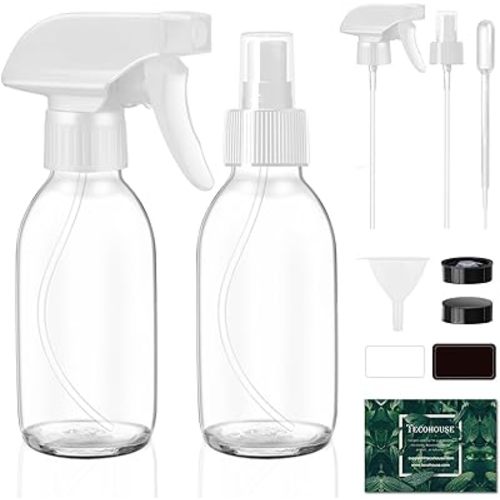 Glass Spray Bottles 4 OZ, Empty Small Spray Bottles 2 Pack for Essential Oils, Cleaning Solutions, Plants, Hair Mister, withDurable Nozzle, Labels, Funnel, Pipettes Clear