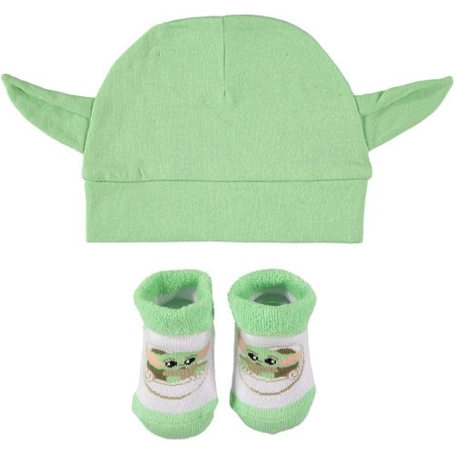STAR WARS Baby Boys The Mandalorian Cap and Bootie Set - Baby Yoda Baby Gift Set with Hat and Socks (Green/White, 0-12 Months)