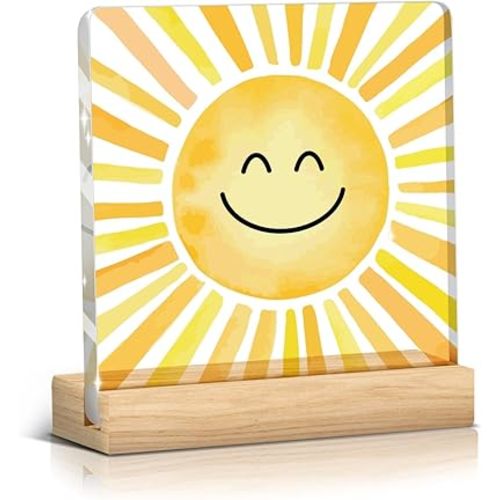 Sunshine gifts Inspirational Sun Sunshine Acrylic Sign Desk Decor, Pop Smiles Rustic Farmhouse Wooden Block Sign Decorations for Home Office Girls Dorm Room Nursery Playroom Wall Tabletop Shelf Decor