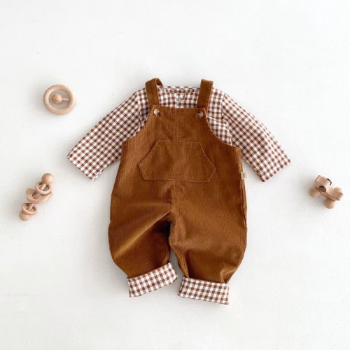 Baby Vintage Plaid Brown Shirt/Overalls